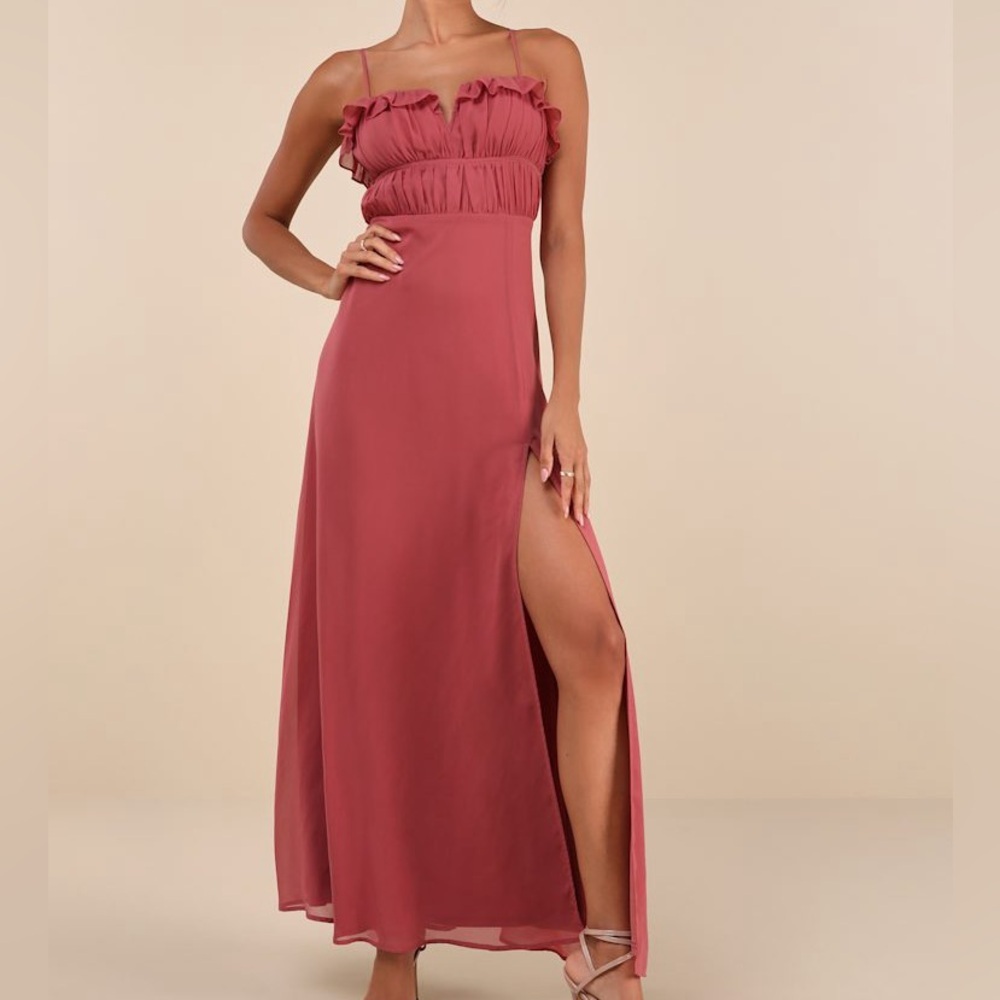 Lulus Exemplary Beauty Rusty Rose Sleeveless Tie Back Maxi Dress Wedding Guest - Picture 3 of 13